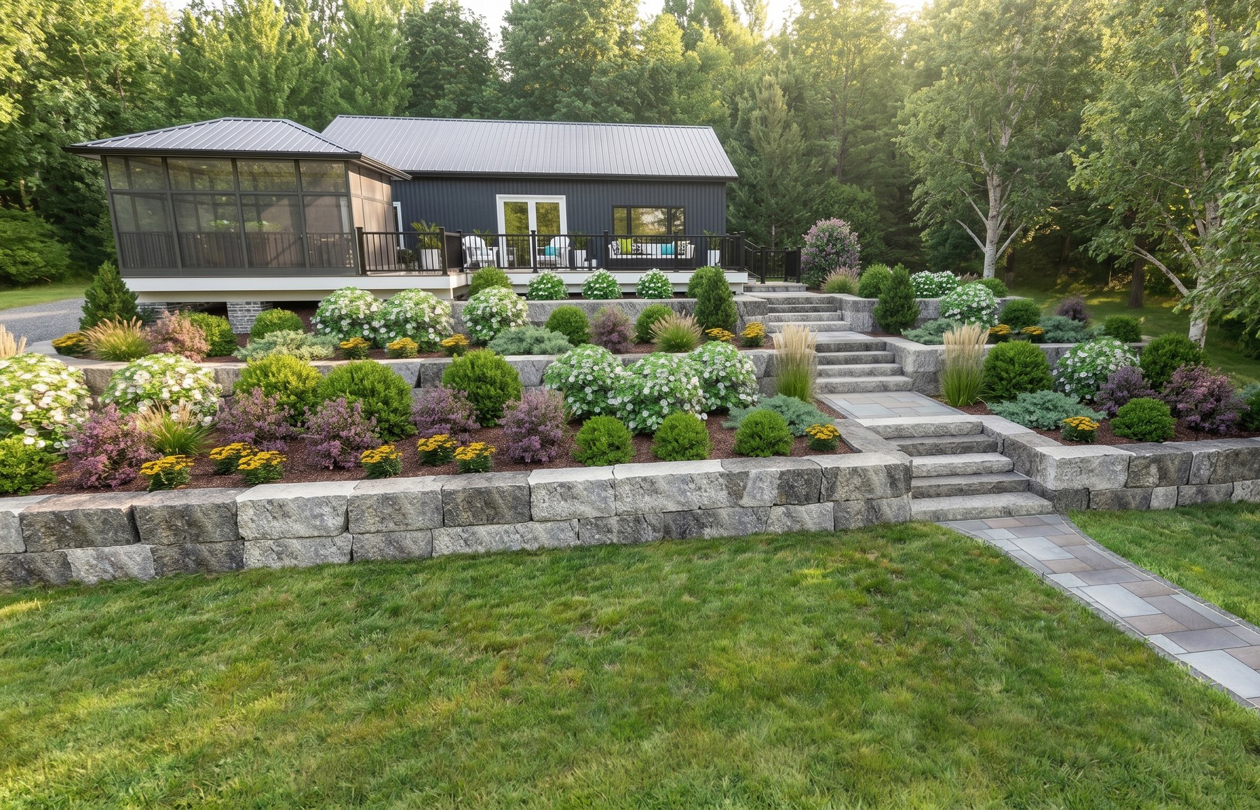 Terraced stone stairs and planting