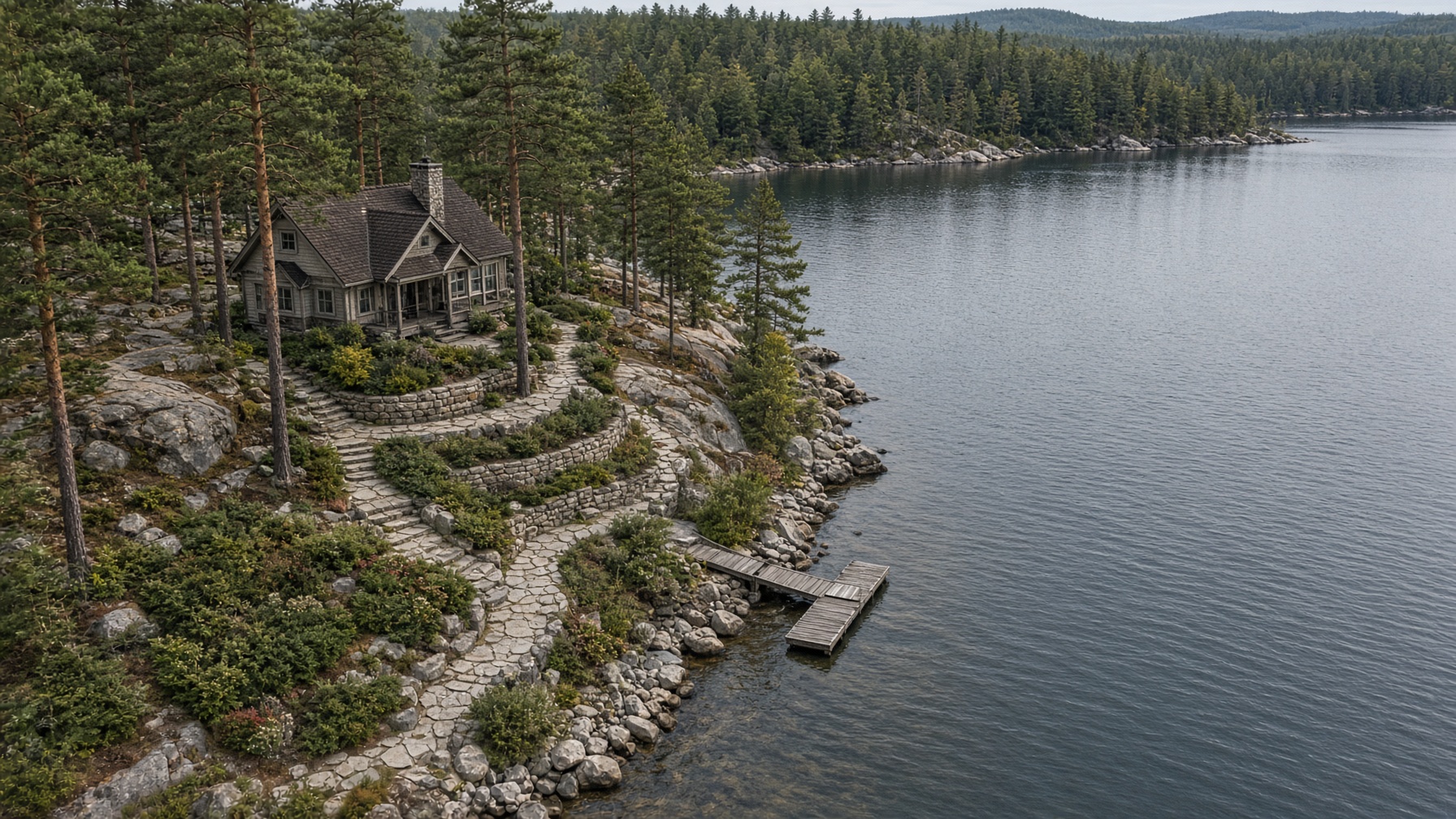 Aerial of terraces, path, and dock on a pine-lined lake