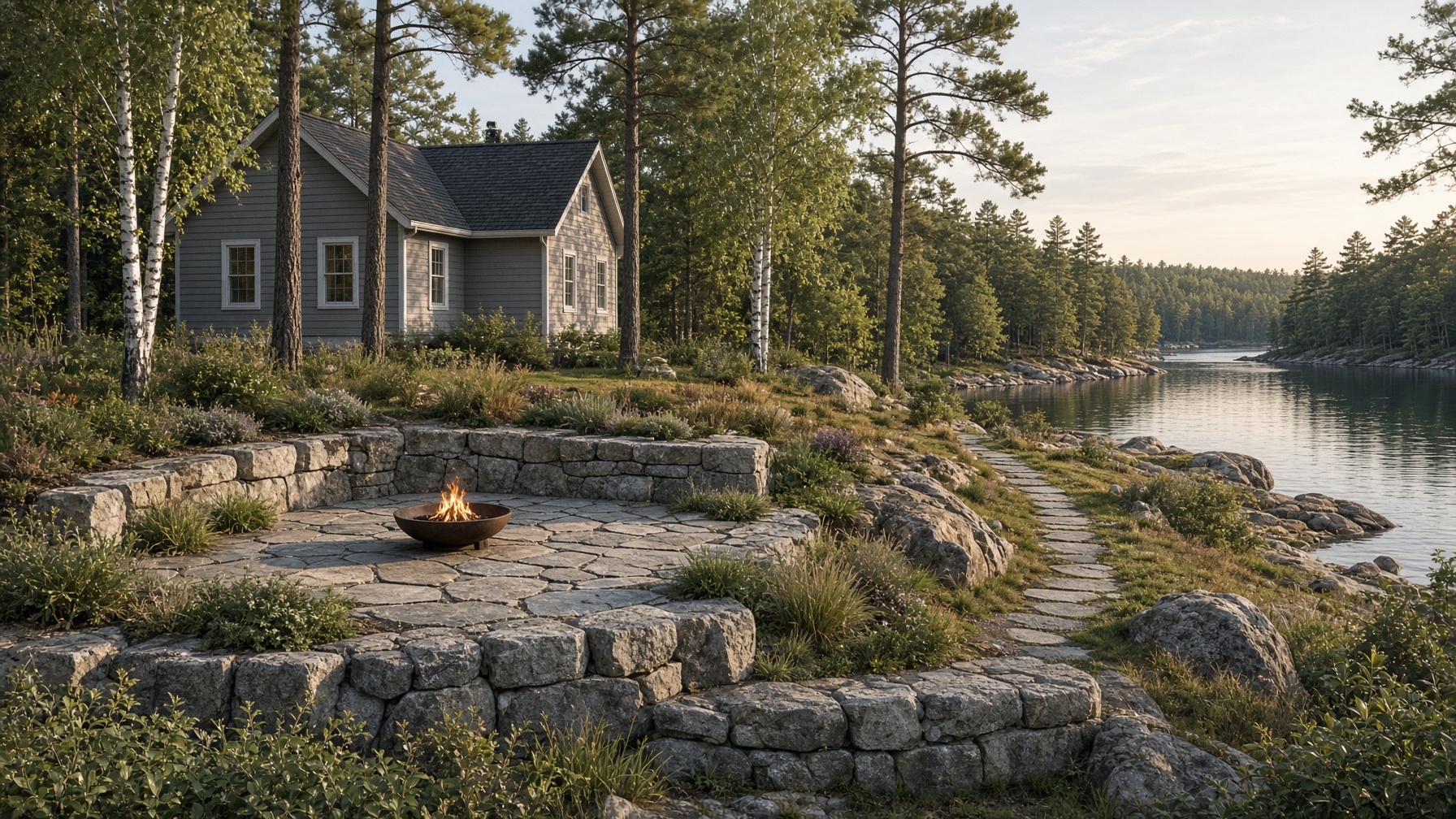 Flagstone patio, fire bowl, and armour stone at a pine lake cottage