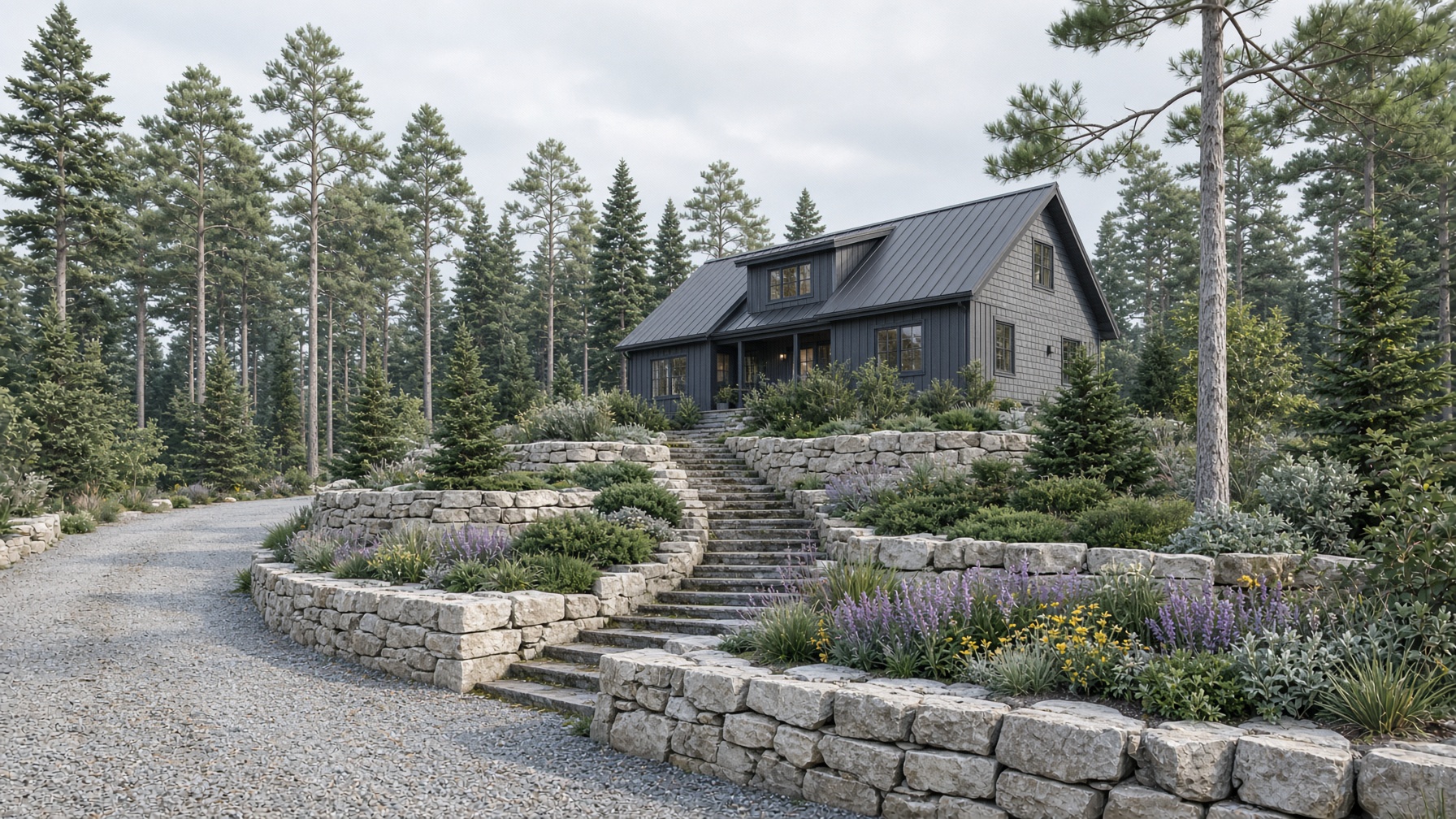 Dark metal cottage with layered stone walls and mixed beds