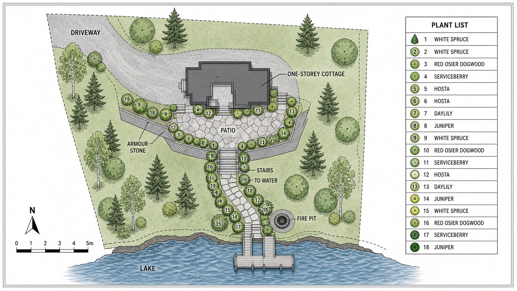 2D landscape installation drawing of a northern Ontario lake lot